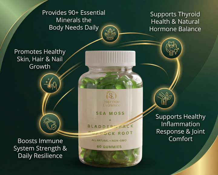 Supplement bottle with green gummies on a dark green background with text highlighting benefits